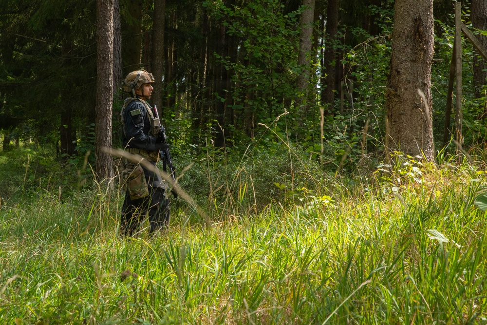 A single armed soldier in full tactical gear stands at the edge of a dense forest, appearing to observe or scan the surrounding area. The soldier is equipped with a helmet, body armor, and carries a rifle. The setting is a lush, green woodland environment with tall grass in the foreground.