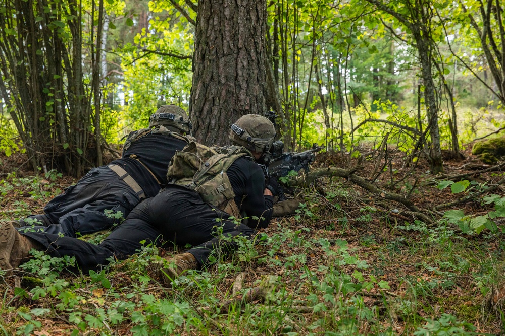 Two armed personnel in tactical gear are lying prone behind a large tree in a forested environment, with one individual aiming a rifle forward. Both are wearing black clothing, tactical vests, helmets, and backpacks, suggesting a military training exercise or operational scenario. The setting is a deciduous forest with dense green foliage and dappled natural light.