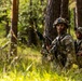 Two soldiers in full combat gear are positioned in a forested area with tall grass and pine trees. The foreground soldier is holding a rifle with a training blank-firing adapter attached to the muzzle and is looking directly at the camera. The scene appears to be a military field training exercise based on the equipment and environment.