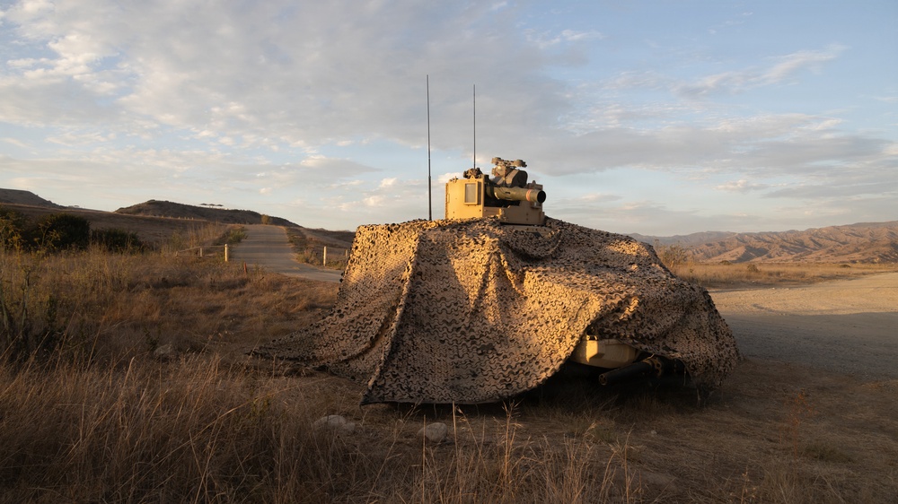 A military ground vehicle is partially concealed beneath a desert-pattern camouflage net in an arid, hilly training or operational environment. The vehicle's turret and two radio antennas are visible above the netting. The scene appears to be taken during golden hour lighting, suggesting early morning or late afternoon.