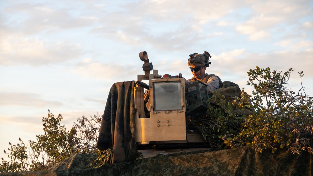A military service member is positioned atop or behind a tan/desert-colored military vehicle, partially concealed by vegetation and a camouflage drape. The soldier is wearing full combat gear including a helmet with mounted accessories, eye protection, and body armor. The image is taken during golden hour lighting conditions, suggesting either dawn or dusk.