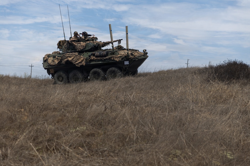 An 8-wheeled armored fighting vehicle, consistent with a Light Armored Vehicle (LAV) or similar wheeled APC, is positioned on a grassy hillside with at least one soldier visible in the open hatch. The vehicle is draped with camouflage netting and equipped with multiple antennas and a mounted weapon system. The setting appears to be a dry, open training or operational terrain under a partly cloudy sky.
