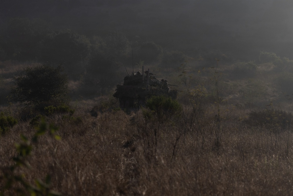 A military armored vehicle is visible in the middle distance, partially obscured by dry grassland and sparse vegetation. The image is taken in low-light or hazy conditions, giving the scene a dark, atmospheric quality. Multiple antenna-like protrusions are visible on top of the vehicle, and what appear to be personnel are present on or near it.