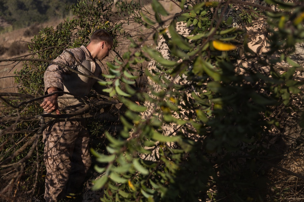 A military service member in camouflage uniform is working among dense brush and tree branches in an outdoor, hilly terrain. The soldier appears to be handling or moving branches, possibly constructing a concealed position or clearing vegetation. A second person in camouflage is partially visible in the background.