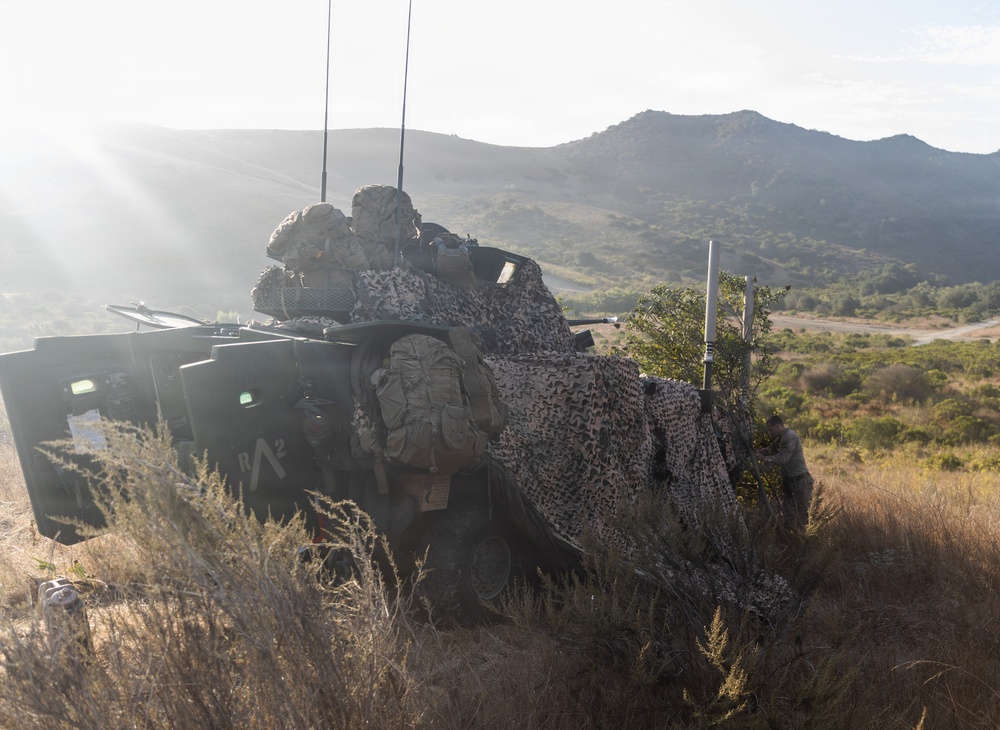 A military armored vehicle is positioned on a hillside in a semi-arid landscape, partially concealed with camouflage netting and natural vegetation. The vehicle appears to be in a tactical hide or observation position, with at least one soldier visible nearby. The scene suggests a military training exercise or field operation in a rugged, mountainous terrain.