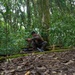 A person is seated on moss-covered fallen logs in a dense tropical or subtropical forest. The individual appears to be resting or working on something with their hands, surrounded by lush green vegetation and tall trees. The low-angle ground-level shot emphasizes the forest floor covered in dry leaves and exposed roots.