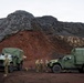 A group of military personnel in camouflage uniforms are gathered between two olive-green tactical military vehicles, identified as Joint Light Tactical Vehicles (JLTVs), in a rugged volcanic or rocky terrain. The landscape features dramatic multi-colored geological formations with dark basaltic rock, red iron-rich soil, and lighter sedimentary layers in the background. The overcast sky and barren terrain suggest a remote, possibly arctic or volcanic environment.