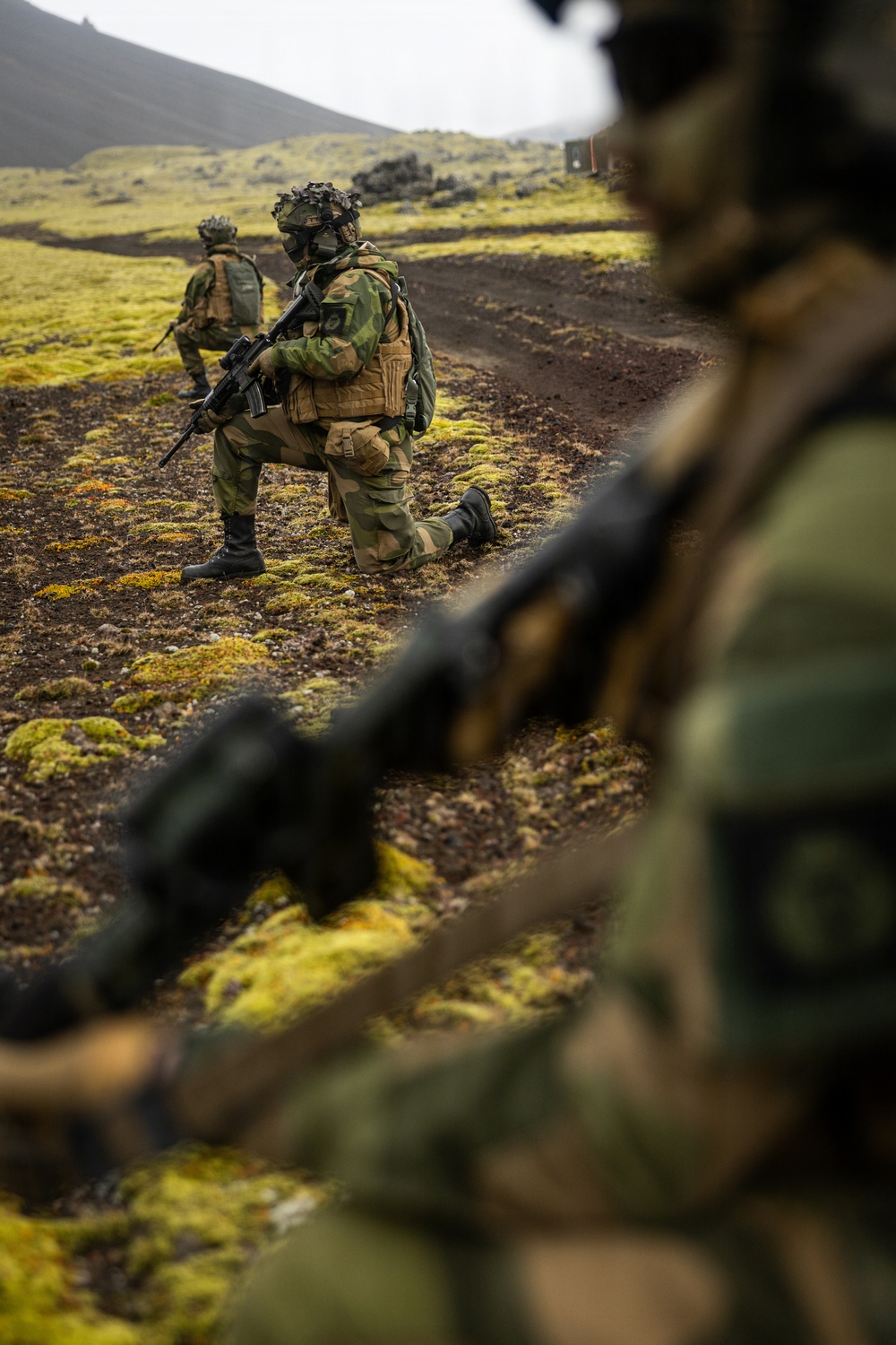 The image shows multiple soldiers in camouflage uniforms conducting what appears to be a tactical patrol or training exercise in a volcanic, moss-covered landscape. At least three soldiers are visible, with the central figure kneeling in a tactical position while holding an assault rifle. The terrain features dark volcanic soil, bright green moss patches, and a dirt track, consistent with Icelandic or similar sub-arctic geography.