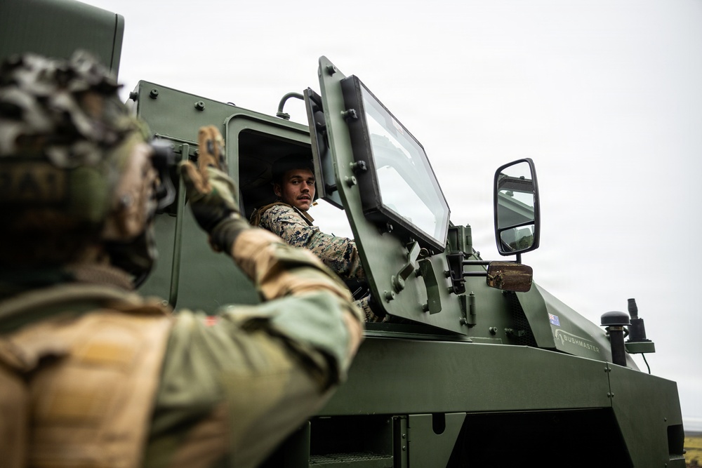 Two military personnel are interacting near a Bushmaster protected mobility vehicle. One soldier is seated inside the vehicle's cab with the armored door open, while another in the foreground gestures toward them. The scene appears to depict a coordination or communication moment during a military exercise or operation.