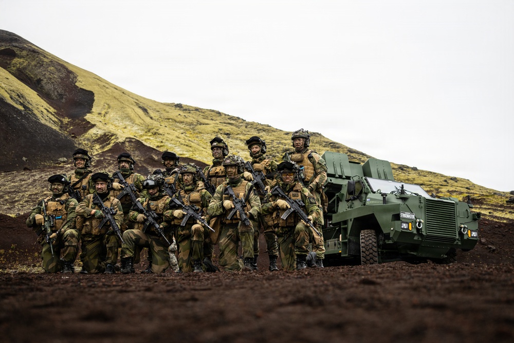 A group of approximately 15 military personnel in camouflage uniforms pose for a unit photograph in a volcanic landscape. They are armed with assault rifles and positioned in front of a green armored military vehicle. The terrain features dark volcanic soil and moss-covered hills consistent with Icelandic or Nordic geography.