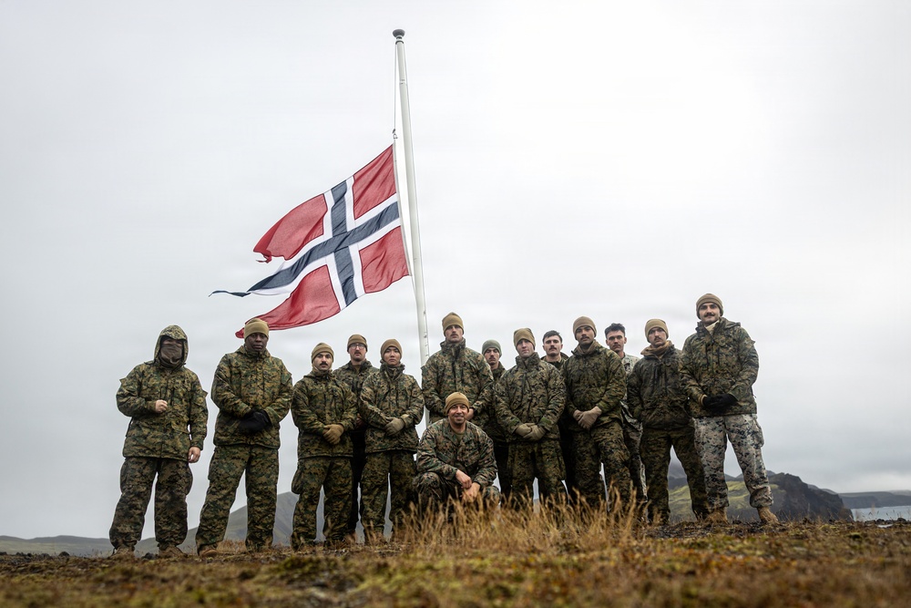 A group of approximately 14 military personnel in camouflage uniforms pose for a group photo on elevated terrain beneath a Norwegian flag flying from a tall flagpole. The overcast sky and rugged coastal landscape in the background suggest a cold, northern environment. The personnel appear to be from a joint or multinational military unit, wearing cold-weather gear including beanie hats and gloves.