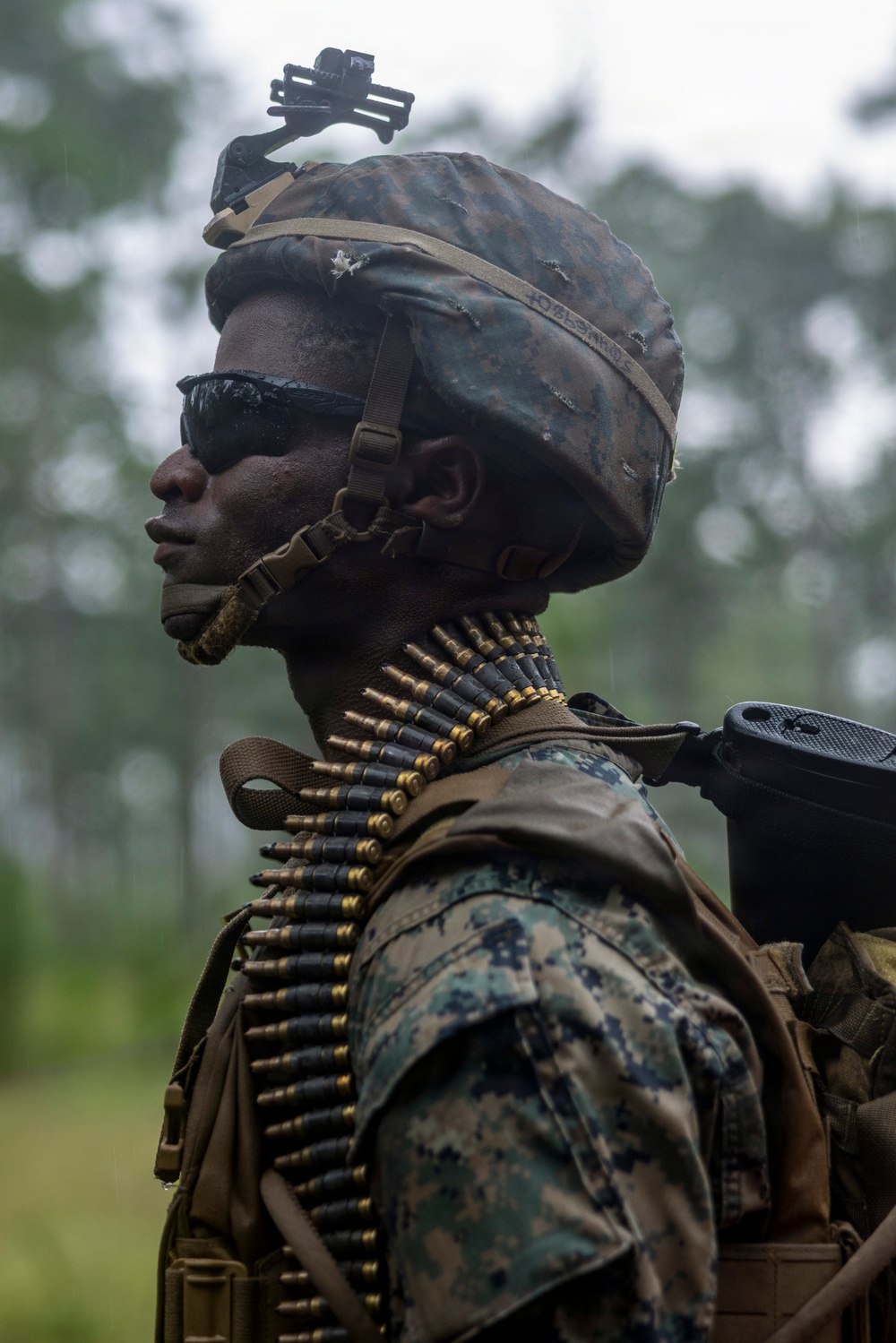 A U.S. Marine in full combat gear is photographed in profile against a blurred green woodland background. The Marine is wearing MARPAT digital camouflage utilities and helmet with a mounted device, dark tactical sunglasses, and carries a belt of linked ammunition draped around the neck and torso. The image is a close-up portrait-style photograph taken in what appears to be a rainy outdoor training or operational environment.