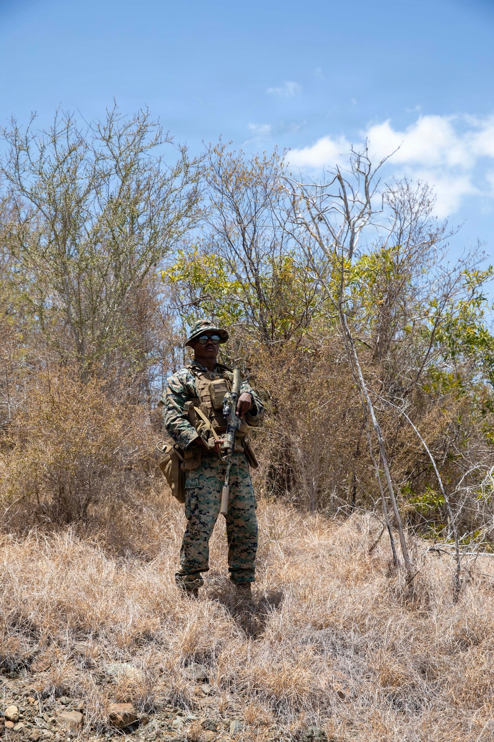 A soldier in full combat gear stands in an arid, scrubland environment with dry grass and sparse trees under a blue sky. The individual is wearing digital camouflage uniform consistent with USMC MARPAT pattern, tactical vest, boonie hat, and sunglasses while holding a rifle. The setting appears to be a field training exercise or patrol in a dry, semi-arid region.