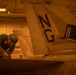 A Navy aircraft maintainer wearing a green shirt, helmet marked '2M', and ear protection is performing maintenance work on an aircraft in what appears to be a carrier hangar bay. The aircraft's tail fin displays the tail code 'NG' and a top hat insignia with 'est. 1919', identifying it as belonging to a specific naval aviation squadron. The scene is illuminated by warm amber/orange hangar lighting.