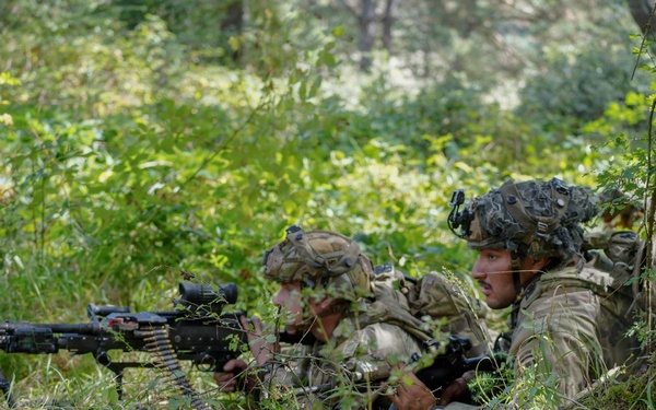 Two soldiers in full combat gear are positioned prone at the base of a large tree in a forested environment, taking up a defensive or observation position. The soldier on the left is manning what appears to be a belt-fed machine gun aimed forward, while the soldier on the right observes the surroundings. The setting and equipment suggest a military training exercise or field operation.