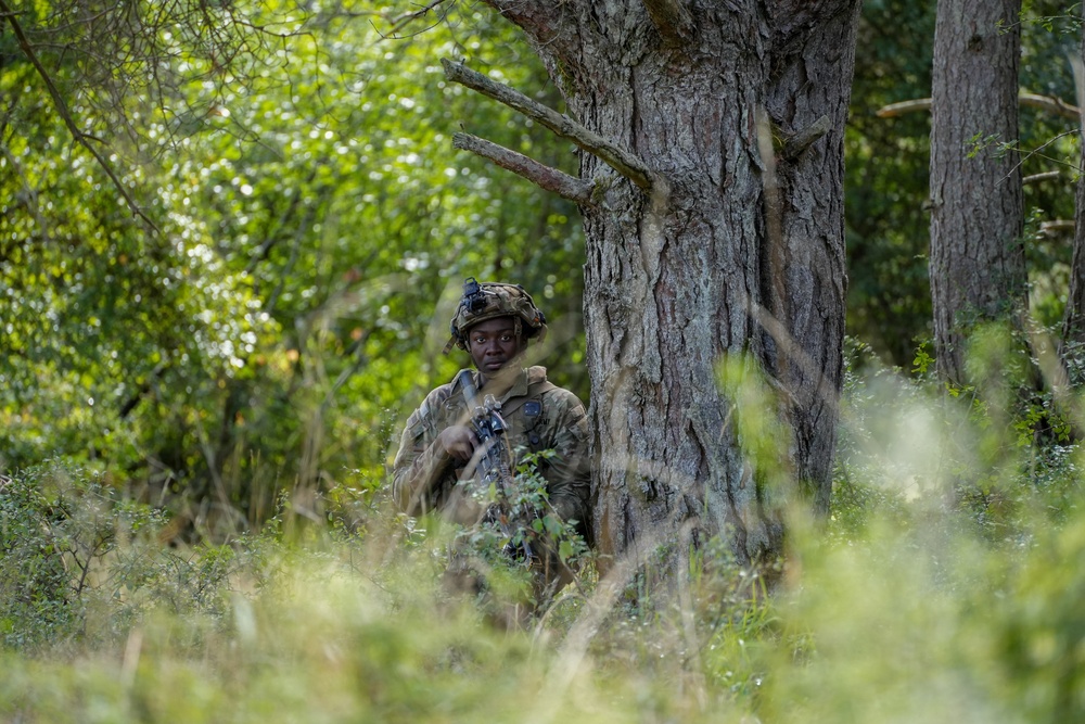 A soldier in full camouflage uniform and tactical helmet is positioned behind a large tree trunk in a dense woodland environment. The soldier is holding a rifle and appears to be in a tactical observation or patrol posture. The image captures a military field exercise or operational scenario in a forested setting.