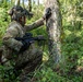 A soldier in full combat gear is crouching behind a tree in a forested environment, appearing to take cover or conduct reconnaissance. The individual is equipped with modern military equipment including a helmet-mounted night vision device, tactical vest, and an assault rifle. The setting suggests a field training exercise or operational patrol in a woodland environment.
