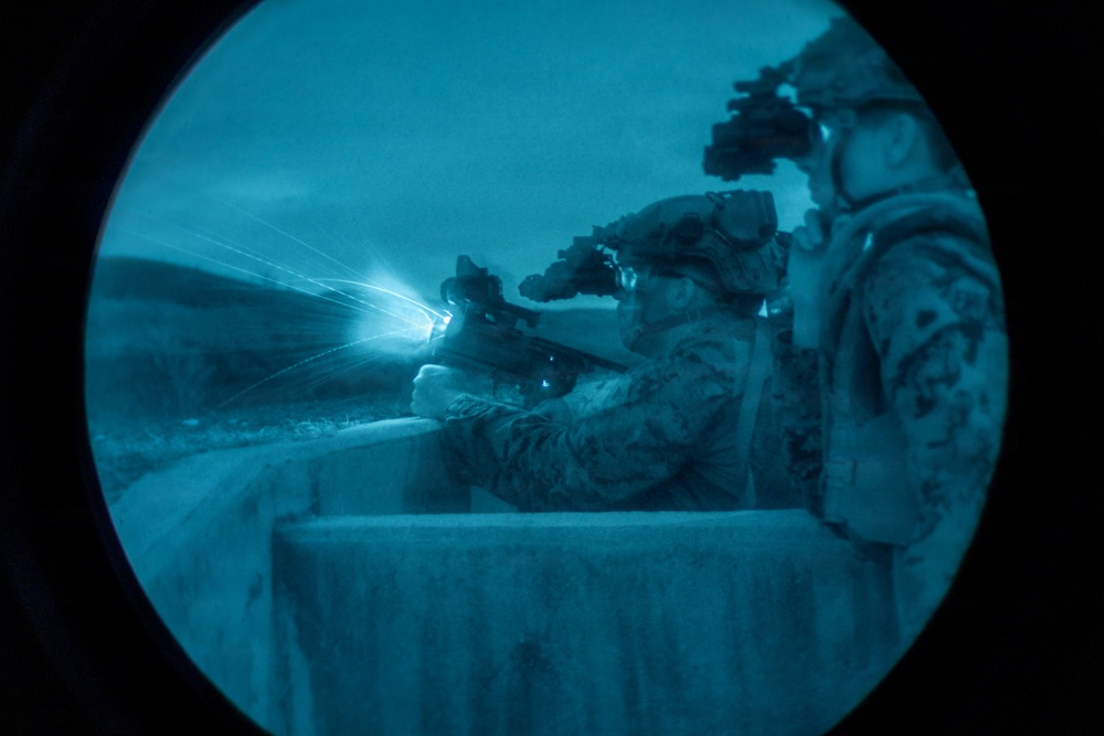 The image is captured through a night vision or thermal optic lens, showing a circular field of view with a blue-green tint characteristic of image intensification technology. Two military personnel in camouflage uniforms are visible, with one aiming a weapon equipped with a tactical light or laser that is actively emitting a bright beam. Both individuals are wearing night vision devices mounted on their helmets.