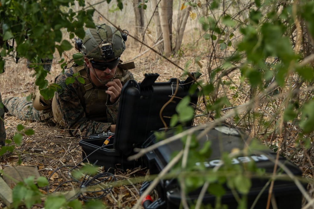 A U.S. Marine in full combat gear is lying prone in a wooded, brushy area while operating what appears to be military communications or electronic equipment housed in a ruggedized case. The soldier is wearing MARPAT camouflage, a tactical helmet with night-vision mount, and sunglasses, suggesting a field training exercise or operational deployment. The setting appears to be a dry, sparse woodland environment.