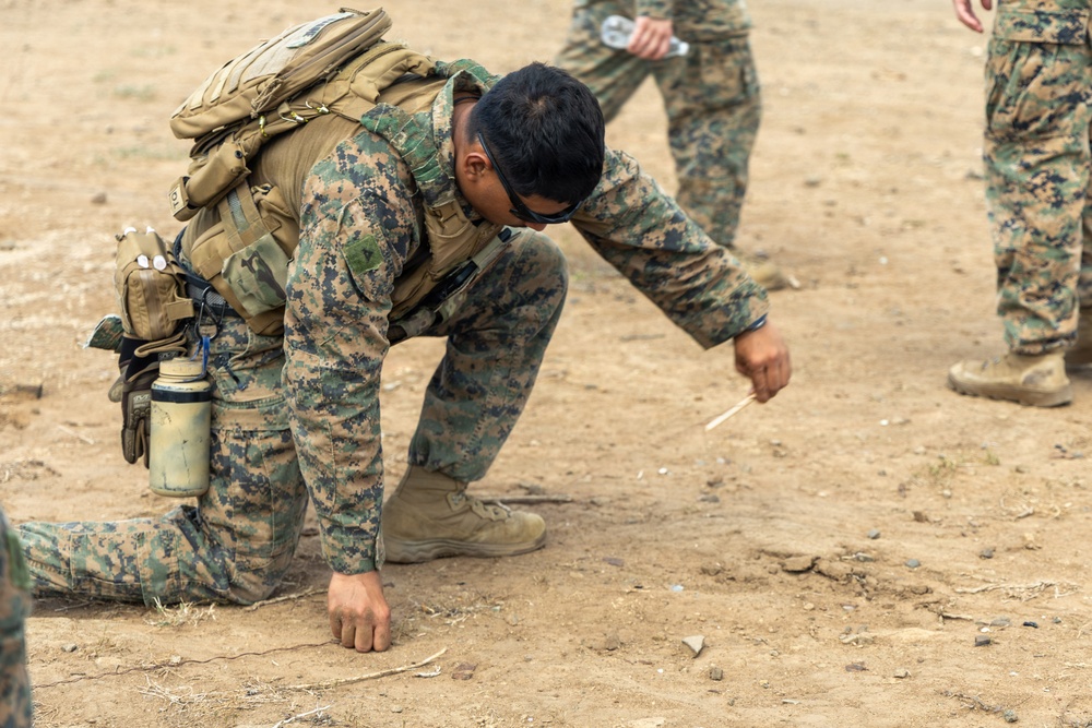 A U.S. Marine in full combat gear is kneeling on dry, sandy ground and appears to be examining or probing the soil with a small stick or probe. Additional Marines in matching MARPAT woodland/desert camouflage uniforms are visible in the background. The scene appears to be a field training exercise, possibly involving IED detection or ground inspection techniques.