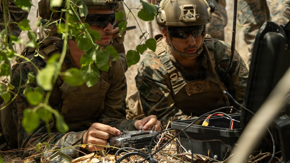 Two military personnel in camouflage uniforms and tactical gear are operating electronic equipment in a field setting with vegetation cover. They appear to be working with a control device and cabling connected to a black equipment case. The setting suggests a field training exercise or operational deployment.