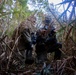 Two military personnel in camouflage gear are crouched low in dense vegetation, appearing to conduct a reconnaissance or surveillance operation. One individual is wearing a ghillie suit with natural fiber attachments, while the other is in standard camouflage uniform and appears to be reviewing a device or map. The image is taken from ground level, emphasizing their concealed position within tall dry grass and reeds.