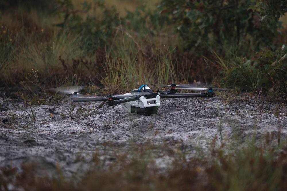 A quadcopter drone is positioned on muddy, wet ground surrounded by sparse grass and shrubs. The drone appears to be either landing or taking off, as its propellers appear to be spinning (motion blur visible). The setting is an outdoor, semi-wild terrain with overcast lighting conditions.