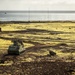 A military tracked armored personnel carrier (likely an M113 or variant) is traversing a rugged, volcanic coastal terrain with yellow-green moss-covered ground. The landscape appears to be a remote, sparsely populated coastal area with antenna towers and small structures visible in the background near the shoreline. The scene suggests a military training exercise or patrol operation in a Nordic or sub-Arctic environment.