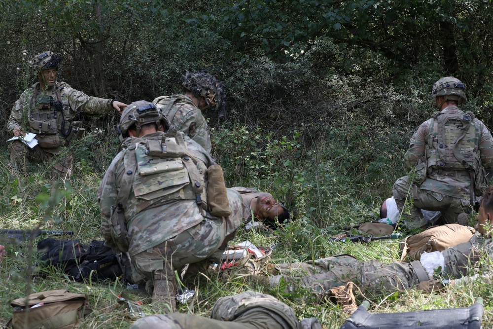 The image depicts what appears to be a military medical training exercise, with several soldiers in camouflage uniforms attending to simulated casualties on the ground. Multiple personnel are kneeling and providing care to individuals lying in a grassy, wooded area. The presence of training materials, simulated wounds, and the organized nature of the scene strongly suggests a TCCC (Tactical Combat Casualty Care) or mass casualty training drill.