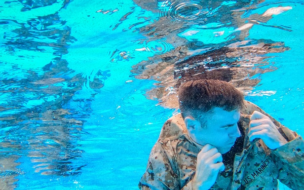 An underwater photograph captures two U.S. Marines in full camouflage uniforms submerged in a swimming pool. Both individuals are in a defensive boxing stance with fists raised, suggesting a water survival or combat training exercise. The image is taken from an underwater perspective, showing the pool's tiled bottom and the water surface above.
