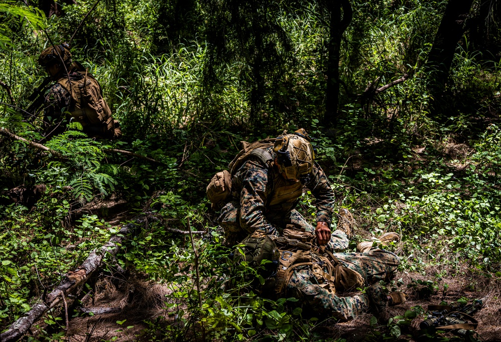 The image shows military personnel in woodland camouflage uniforms operating in a dense jungle or forest environment. One service member appears to be assisting or treating another who is on the ground, while a third moves through the vegetation in the background. The scene appears to depict a combat casualty care drill or field training exercise.