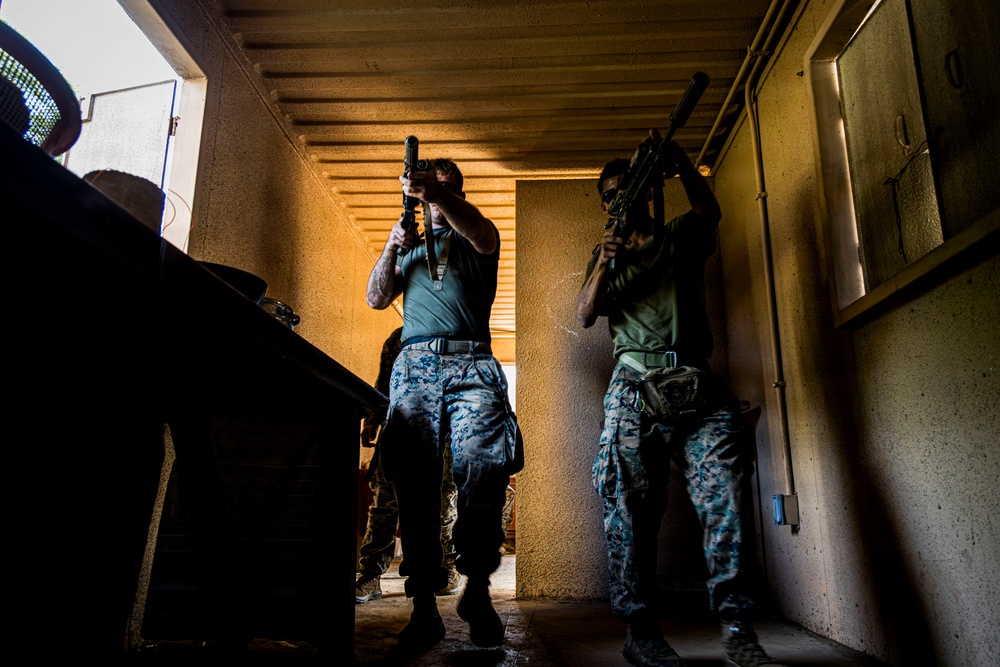 Two armed individuals wearing digital camouflage uniforms are conducting what appears to be a military or law enforcement training exercise inside a building. They are moving through a corridor or room in a tactical formation, with weapons raised in a ready position. The low-angle, high-contrast lighting creates a dramatic visual effect.
