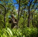 A soldier in camouflage uniform moves through dense tropical woodland while carrying a rifle. The image appears to depict a military patrol or field exercise in a lush, green forested environment. A second figure is partially visible in the background to the right.