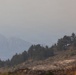 A hazy coastal or mountainous landscape showing a ridgeline covered with conifer trees, with a small structure visible at the upper right. The foreground shows scorched, ash-covered terrain with charred vegetation, suggesting recent wildfire activity. Distant mountains and what appears to be a body of water are visible through heavy smoke or haze in the background.