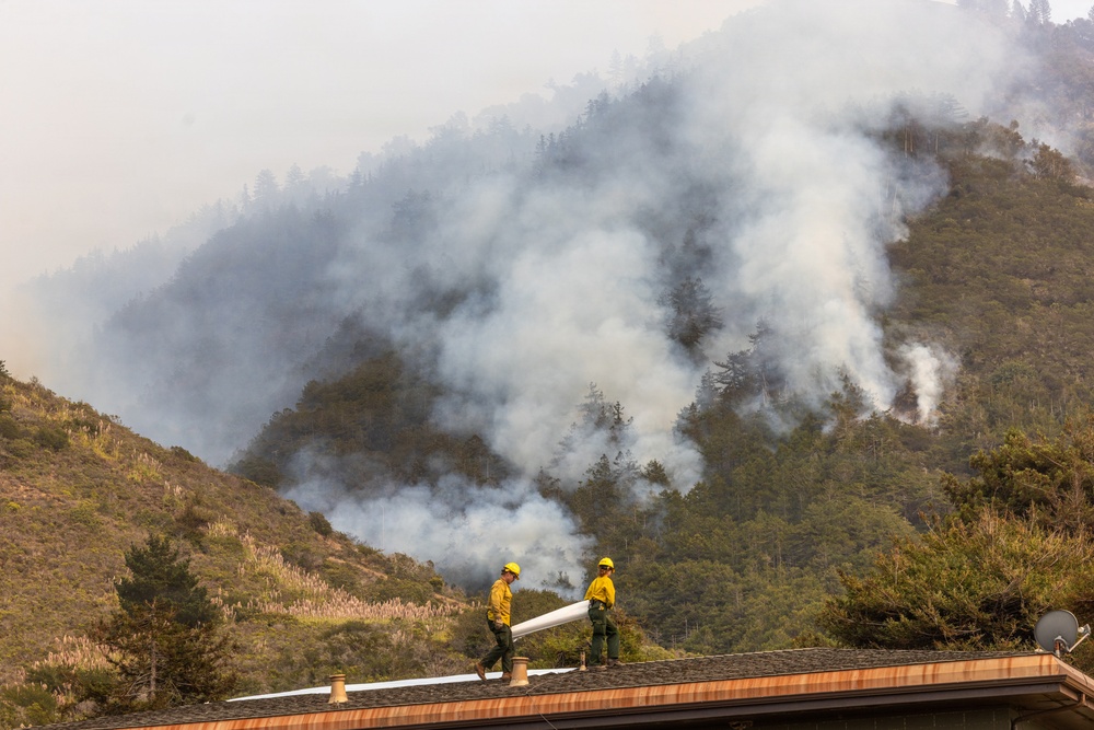 Two firefighters in yellow protective gear are positioned on a residential rooftop, carrying a fire hose to defend the structure from an approaching wildfire. A heavily forested hillside behind them is actively burning, with large plumes of gray-white smoke rising from multiple ignition points. The scene depicts a defensive firefighting operation to protect a home from an encroaching wildland fire.