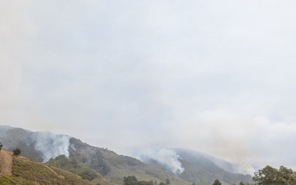 A wildfire is burning across a hilly, vegetated landscape with multiple smoke columns rising from the ridgelines. A crew of firefighters wearing yellow high-visibility gear is walking along a dirt trail in the foreground, moving toward the fire. The terrain consists of dry grasslands, shrubs, and scattered trees under a smoke-hazed sky.