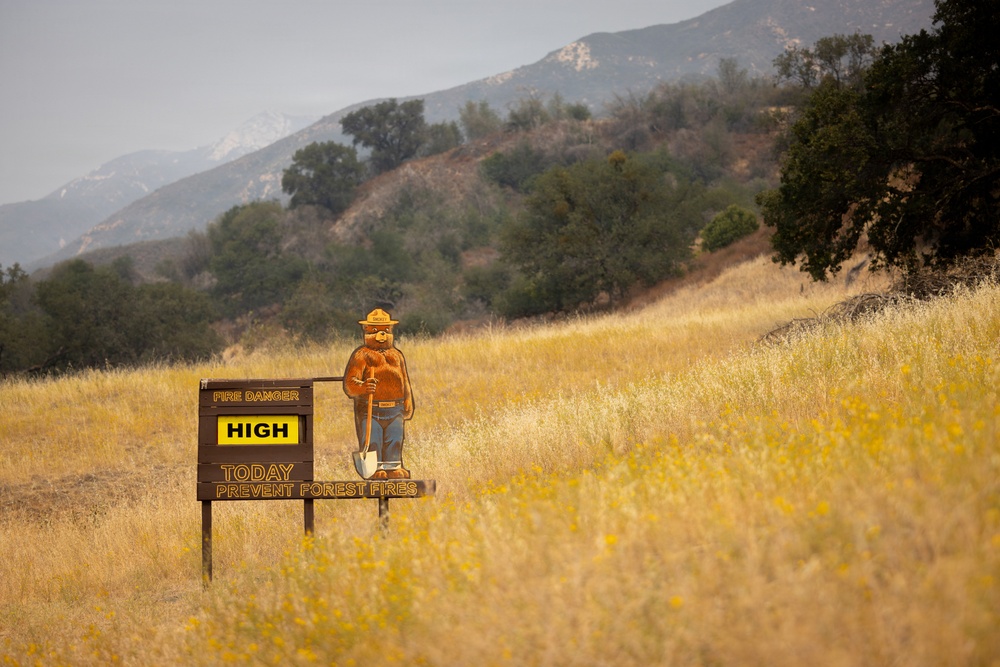 A Smokey Bear fire danger sign stands in a dry, golden grassland with the danger level set to 'HIGH'. The sign reads 'FIRE DANGER HIGH TODAY PREVENT FOREST FIRES' and features the iconic Smokey Bear figure holding a shovel. The surrounding landscape — dry grass, oak trees, and hazy mountains in the background — reinforces the high fire risk conditions.