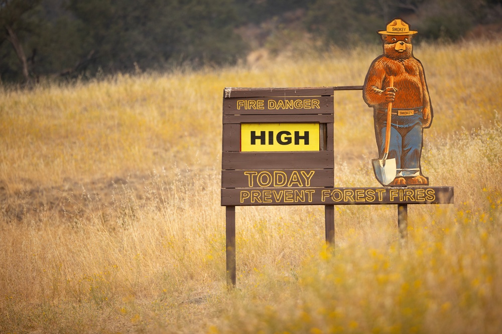 A Smokey Bear fire danger warning sign stands in a dry, golden grassland setting. The sign displays a HIGH fire danger level with the message 'TODAY PREVENT FOREST FIRES.' The surrounding vegetation — dry yellow grass and sparse trees in the background — visually reinforces the fire risk indicated by the sign.