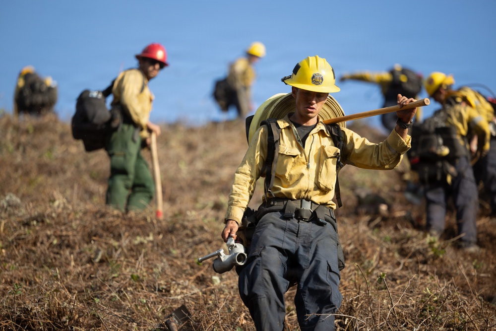 A group of wildland firefighters are traversing a dry, grassy hillside while carrying firefighting equipment including hose rolls, hand tools, and backpacks. The foreground firefighter wears a yellow hard hat with a fire department emblem, a yellow Nomex shirt, and carries a rolled hose over their shoulder along with a nozzle. The team appears to be deploying or repositioning during a wildland fire operation.