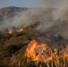 A wildfire is actively burning across a hillside and foreground vegetation, with large orange flames consuming dry grasses and shrubs. Thick gray and brown smoke billows upward and obscures much of the hilltop. The fire appears to be spreading across multiple elevation levels, from the foreground grassland up the rocky slope.