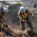 A crew of wildland firefighters wearing yellow Nomex protective gear and white hard hats are actively digging a fire line or containment trench in dry, brushy terrain. The workers are using hand tools including shovels and a Pulaski axe to clear vegetation and expose mineral soil. At least four crew members are visible, with dust rising from their digging activity.