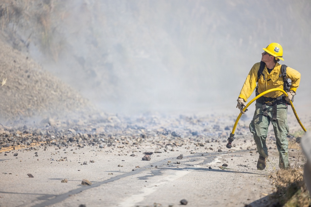 A wildland firefighter in standard protective gear is running along a paved road while carrying a yellow fire hose. The scene is surrounded by smoke, scorched earth, and debris, indicating an active wildfire operation. The firefighter appears to be repositioning the hose line in response to fire conditions.