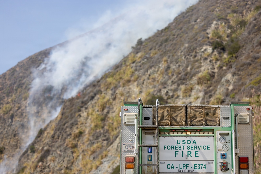 A USDA Forest Service fire engine (unit CA-LPF-E374, Los Alamos) is positioned in the foreground facing an active wildfire burning on a steep, brush-covered hillside. Smoke is visibly rising from multiple points along the slope, indicating an ongoing wildfire response operation. The vehicle belongs to the Los Padres National Forest division of the U.S. Forest Service.