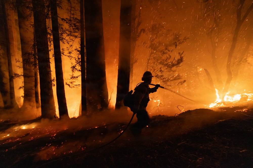A firefighter in silhouette is actively battling a large wildfire in a forested area at night. The firefighter is directing a water hose toward the flames while surrounded by intensely burning trees and flying embers. The scene is dramatically lit by the orange glow of the fire, creating a high-contrast, dangerous working environment.