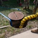 Military personnel in camouflage uniforms are conducting operations around an open utility manhole labeled 'TELEPHONE'. A yellow flexible ventilation duct is inserted into the open manhole, likely to provide fresh air or ventilation for confined space entry procedures. Blue barrier tape and various cables or hoses are visible on the surrounding grass.