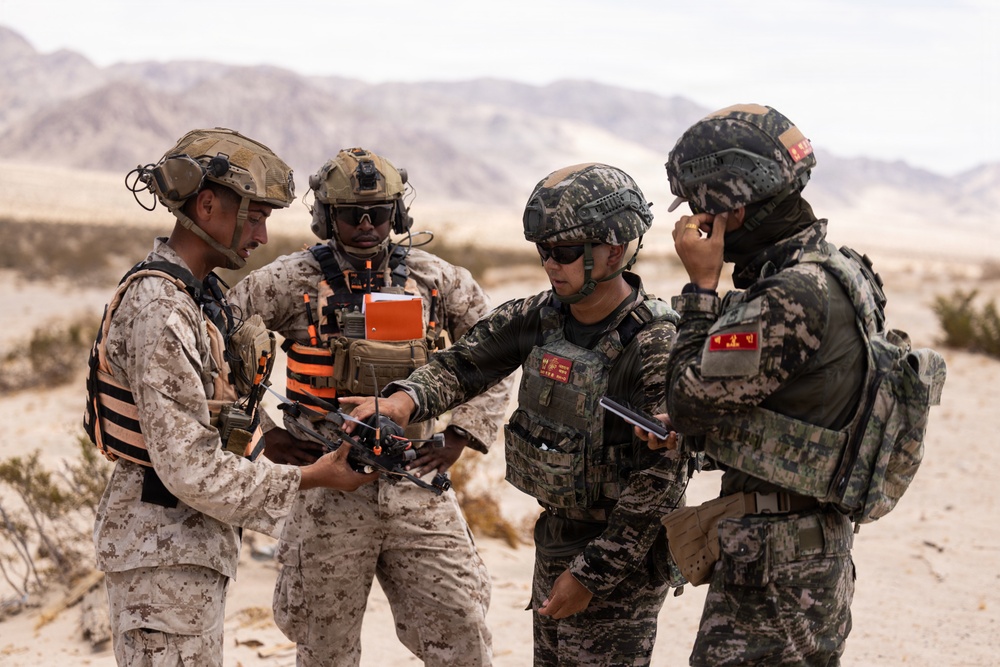 Four military personnel in different camouflage uniforms are gathered in a desert environment, examining a small drone or UAV. Two soldiers appear to be wearing US Marine Corps MARPAT desert camouflage, while two others wear a different digital camouflage pattern consistent with Republic of Korea (ROK) Marine Corps uniforms, suggesting a joint multinational training exercise. The arid, mountainous desert backdrop is consistent with locations such as the Mojave Desert in California.