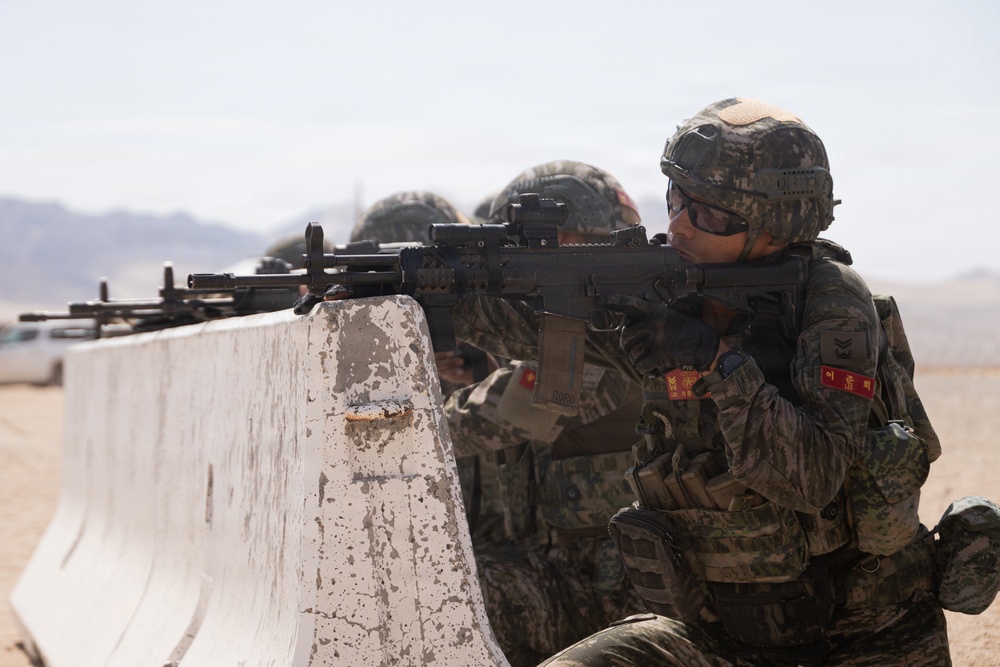 A soldier in Korean military camouflage uniform is positioned behind a concrete barrier, aiming a machine gun (appears to be an M60 or K3 light machine gun) in a desert training environment. Red and Korean-script patches are visible on the uniform, indicating Republic of Korea (ROK) Army affiliation. Additional soldiers are visible in the background in similar positions.