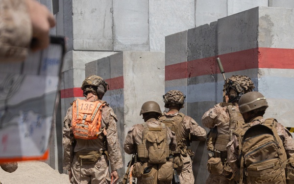 U.S. Marines with Echo Co., 2nd Bn., 1st Marines conduct a squad-level urban assaults