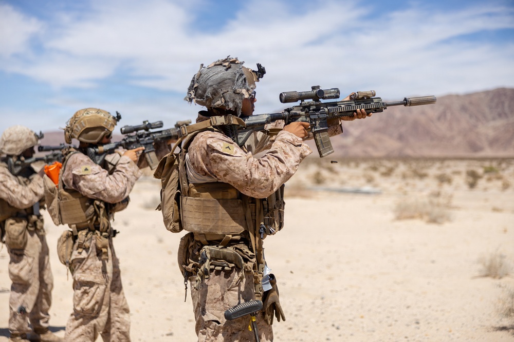 The image shows multiple military personnel in desert camouflage uniforms conducting what appears to be a live-fire training exercise in an arid desert environment. The soldiers are equipped with full tactical gear including body armor, helmets, and backpacks, and are aiming rifles downrange. The setting appears to be a designated military training range based on the organized firing line formation.