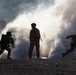 Three silhouetted military personnel are photographed against a dramatic backdrop of white and blue smoke, likely from smoke grenades deployed on a rocky terrain. The backlit composition creates strong silhouettes, with the figures carrying weapons and tactical gear. The scene appears to depict a military training exercise or operational scenario.